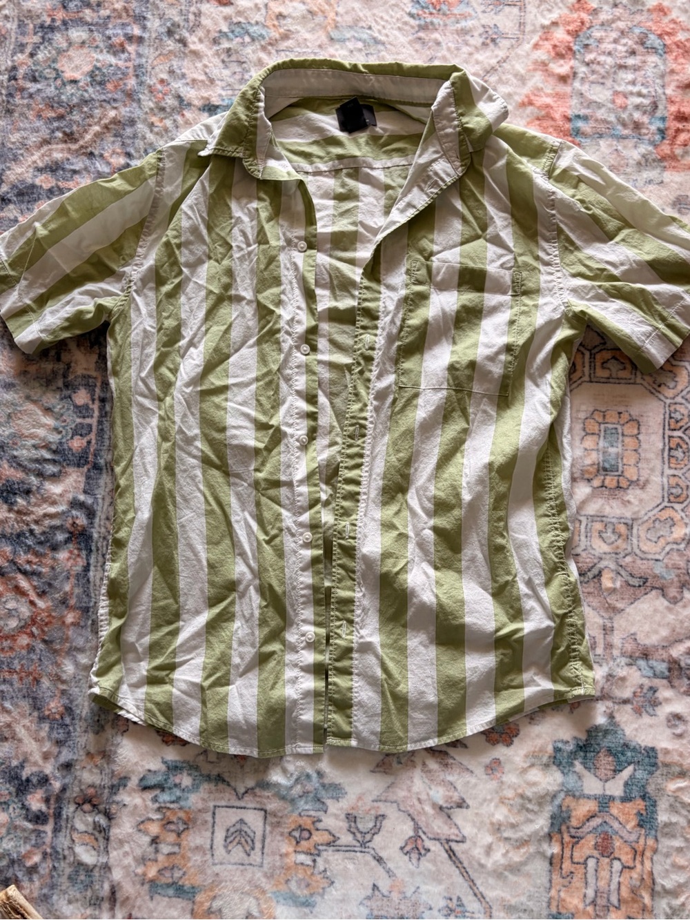 Men's Green and White Striped Short-Sleeve Shirt